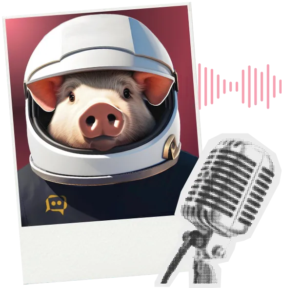 Illustration of a pig in an astronaut helmet beside a studio microphone