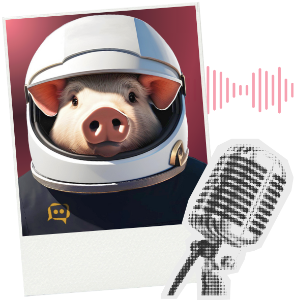 Illustration of a pig in an astronaut helmet beside a studio microphone
